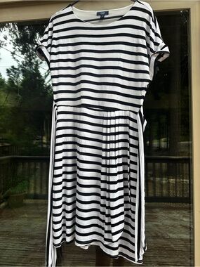 Chaps Navy Blue and White Striped Midi Dress